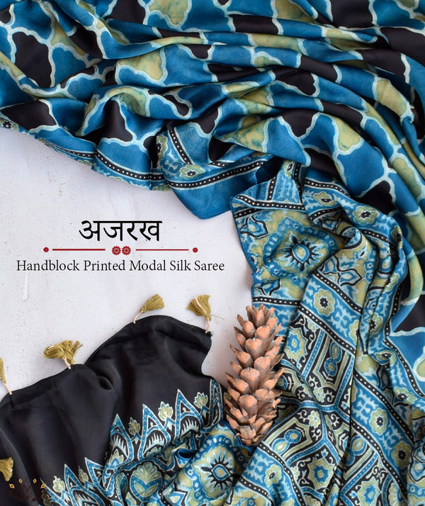 Ajrakh Modal Silk Hand Block Printed Saree