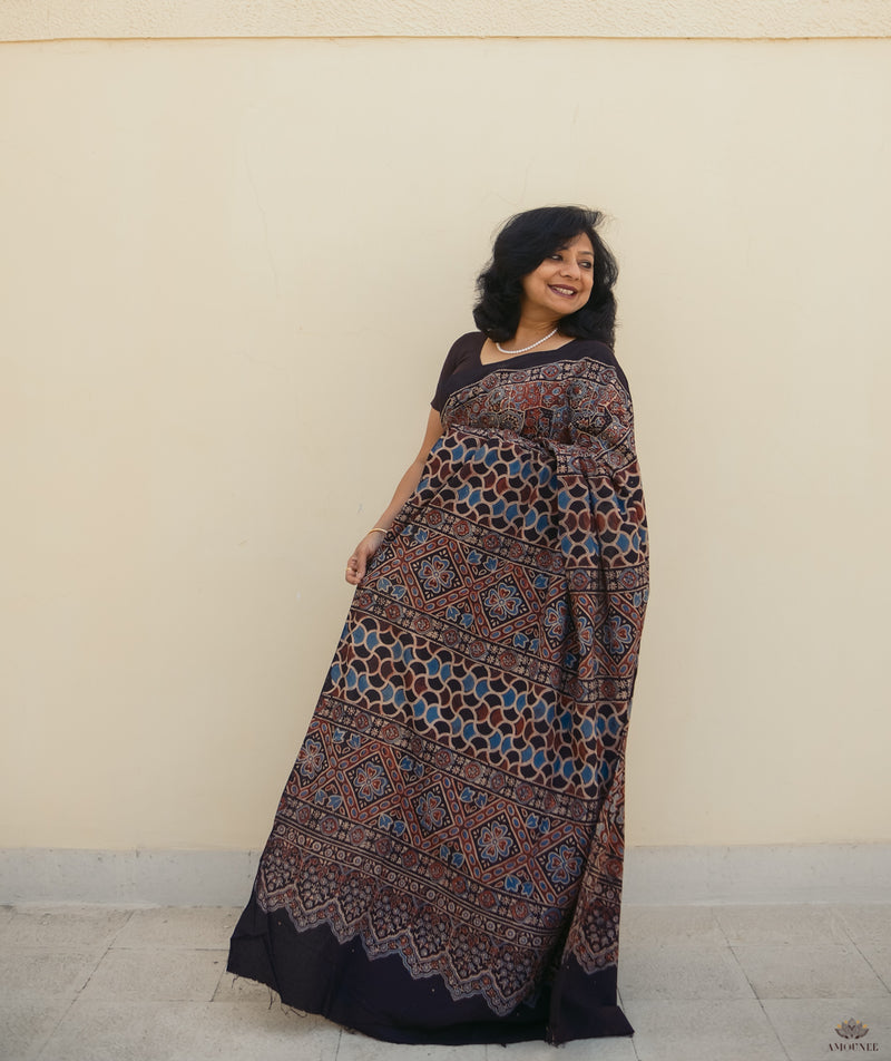 Ajrakh cotton hand block printed saree