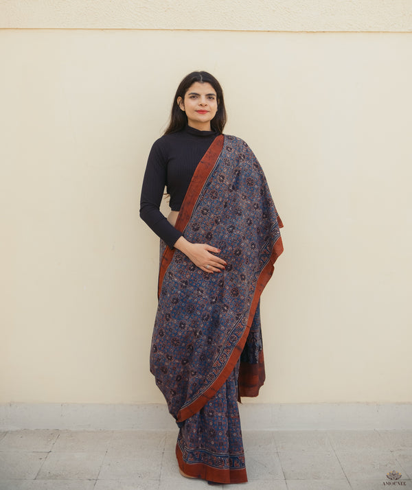 Ajrakh cotton hand block printed saree