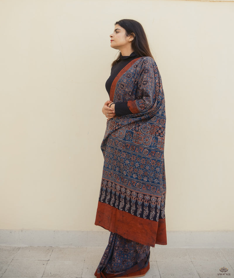 Ajrakh cotton hand block printed saree