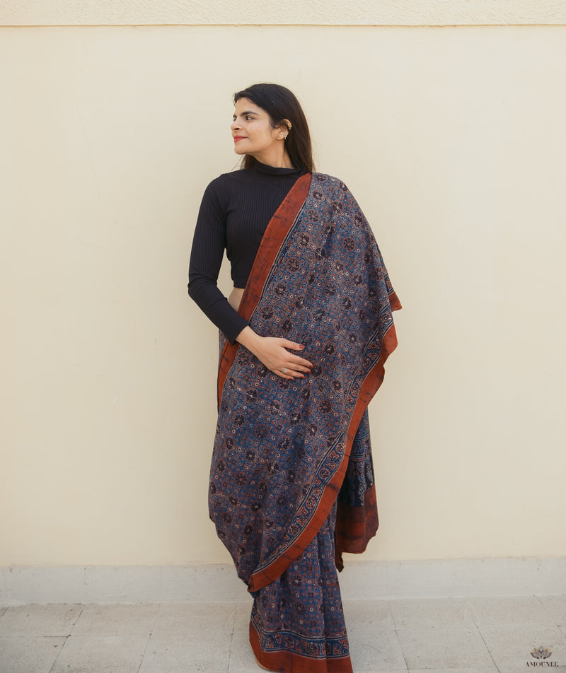 Ajrakh cotton hand block printed saree