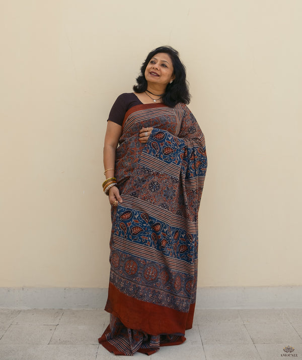 Ajrakh cotton hand block printed saree