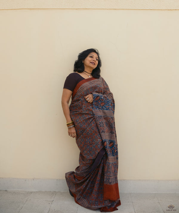 Ajrakh cotton hand block printed saree