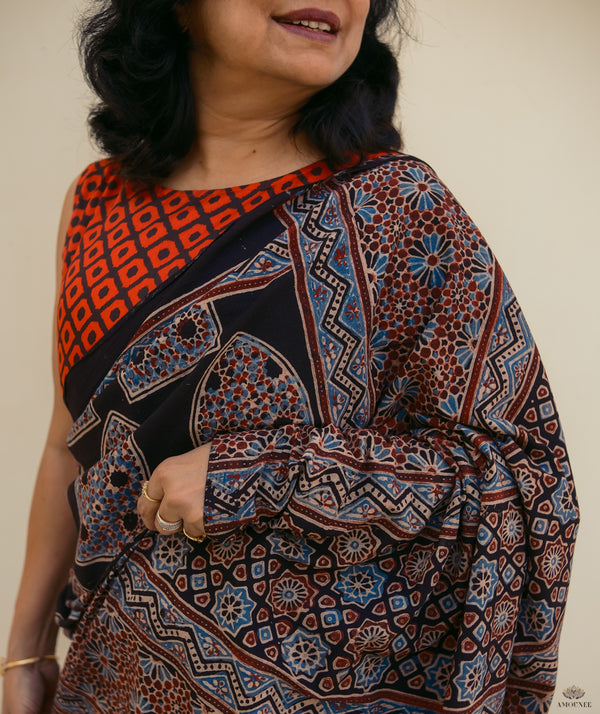 Ajrakh cotton hand block printed saree