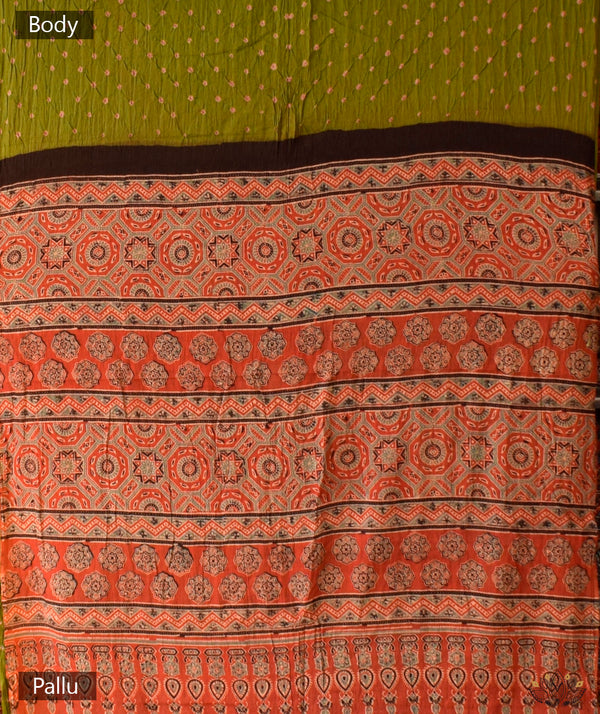 Ajrakh cotton bandhani hand block printed saree