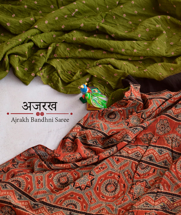 Ajrakh cotton bandhani hand block printed saree