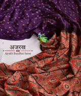 Ajrakh cotton bandhani hand block printed saree