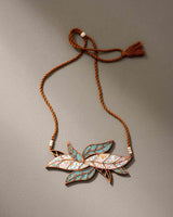 WHE Turquoise White Bloom Leaf Motif Upcycled Fabric and Repurposed Wood Necklace