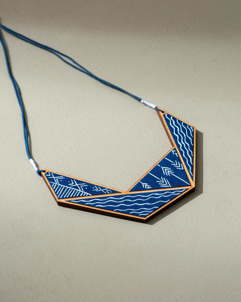 WHE Hand Painted Blue Connecting Triangle Upcycled Fabric and Repurposed Wood Necklace