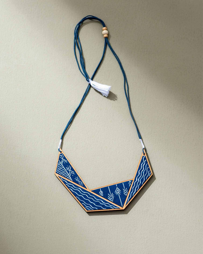 WHE Hand Painted Blue Connecting Triangle Upcycled Fabric and Repurposed Wood Necklace