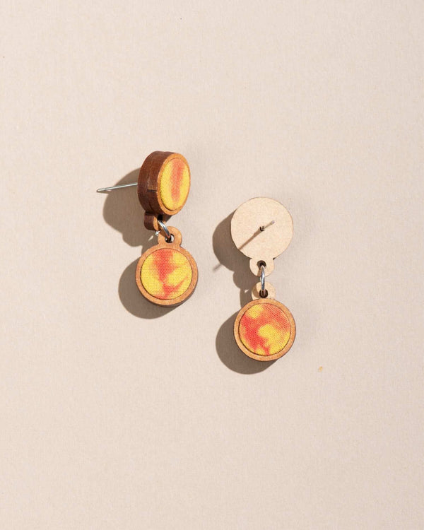 WHE Handcrafted Yellow Orange Tie and Dye Repurposed Wood and Fabric Earrings