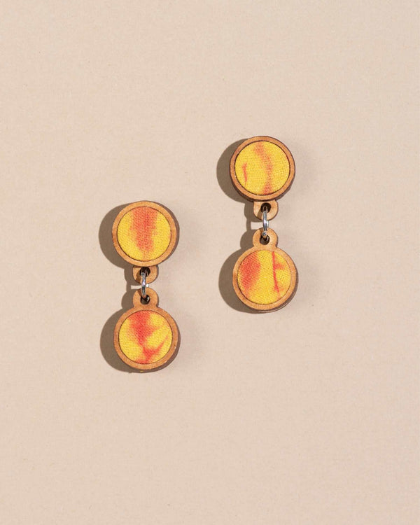 WHE Handcrafted Yellow Orange Tie and Dye Repurposed Wood and Fabric Earrings