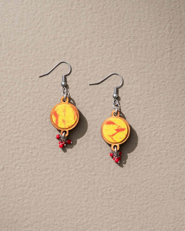 WHE Handcrafted Yellow Orange Tie and Dye Repurposed Wood and Fabric danglers