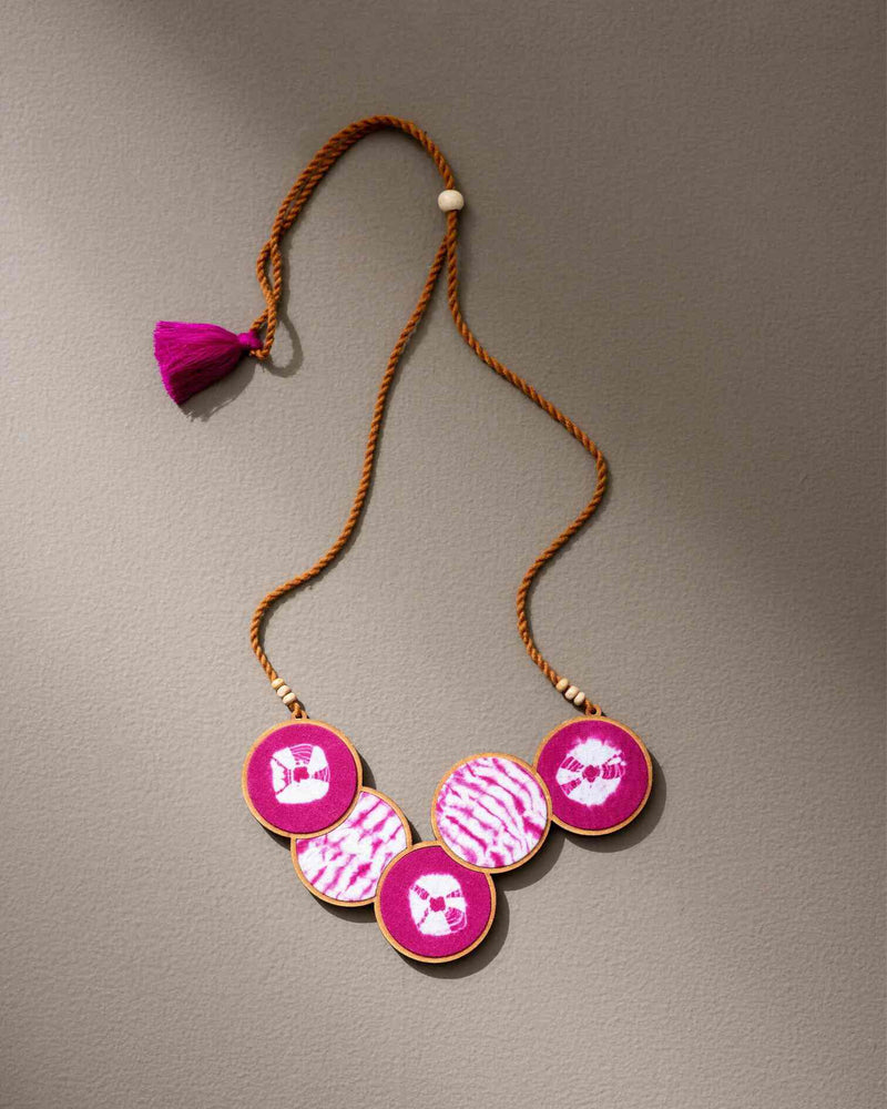 WHE Tie and Dye Pink Connected Circle Upcycled Fabric and Repurposed Wood Necklace