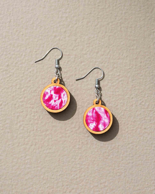 WHE Pink Tie and Dye Repurposed Wood and Fabric Danglers