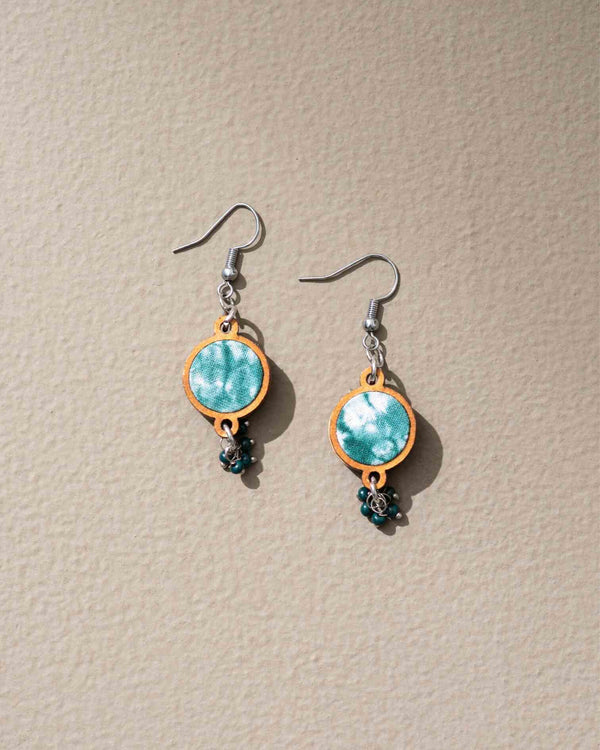 WHE Handcrafted Green Tie and Dye Repurposed Wood and Fabric danglers