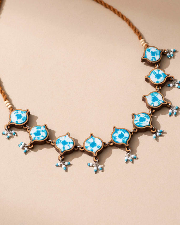 WHE Handcrafted Turquoise Tie and Dye Repurposed Wood and Fabric Choker Necklace