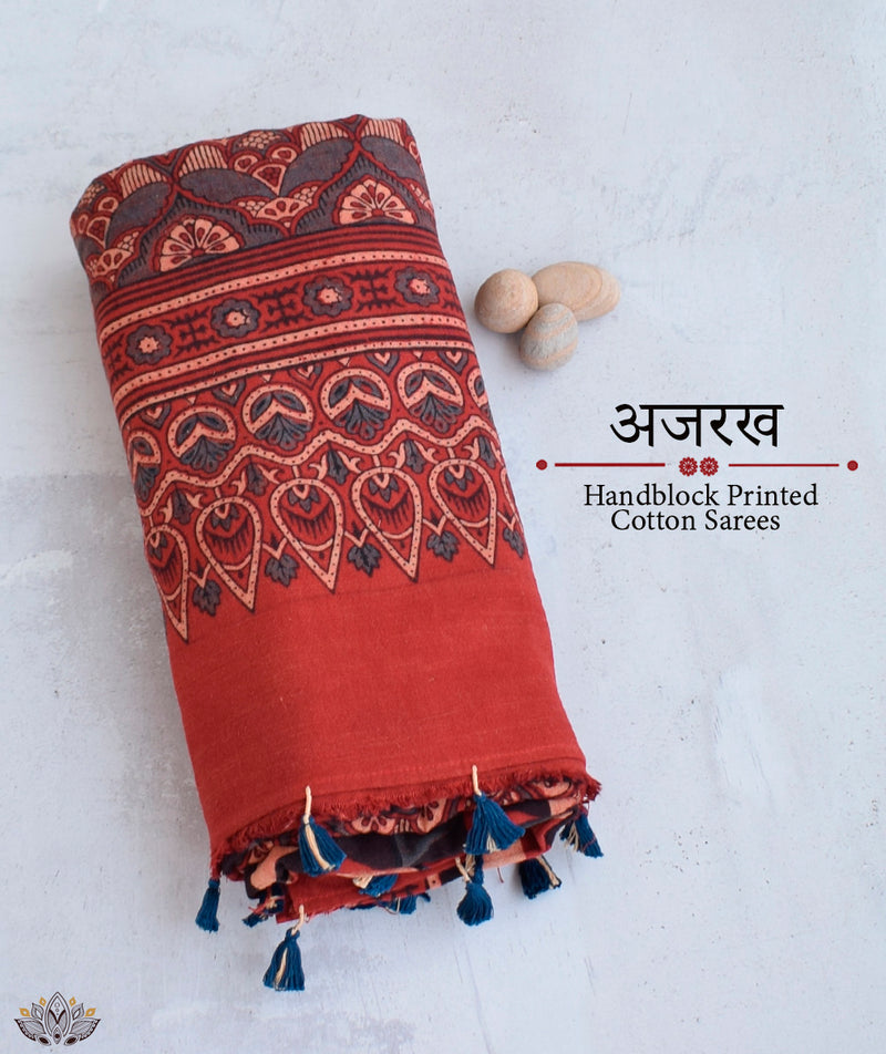 Ajrakh Khadi Cotton Handblock Printed Saree