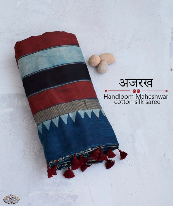 Ajrakh Maheshwari cotton silk Handblock Printed Saree
