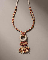 WHE Adjustable Jute, Wooden Beads and Glass Beads Fringe Pendant Necklace