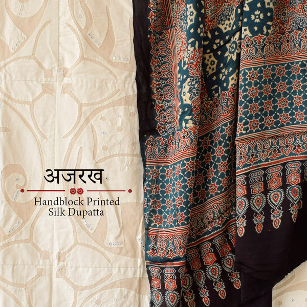 Raag : Hanblock printed modal silk ajrakh shawl | wedding dupatta | handmade shawl outlet