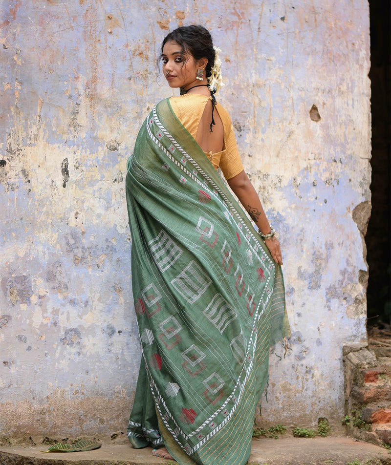 Exclusive Amounee Kantha Embroidered Pure Muga Silk Saree