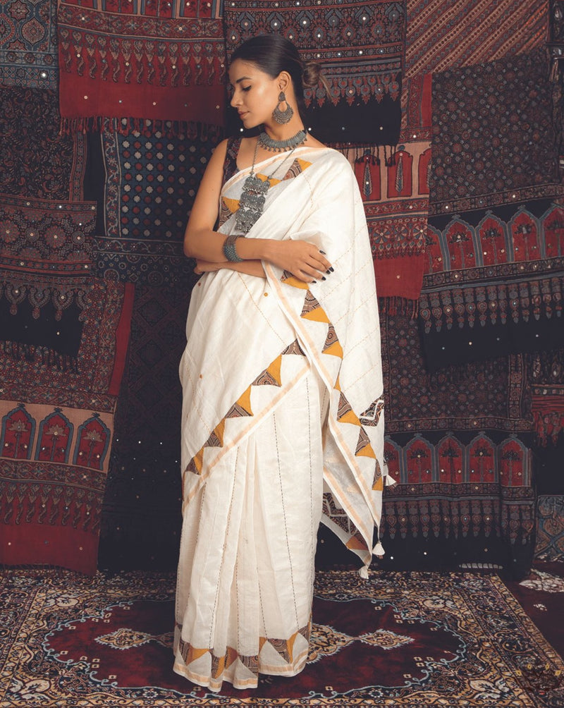 Exclusive Applique HandStiched Chanderi Saree