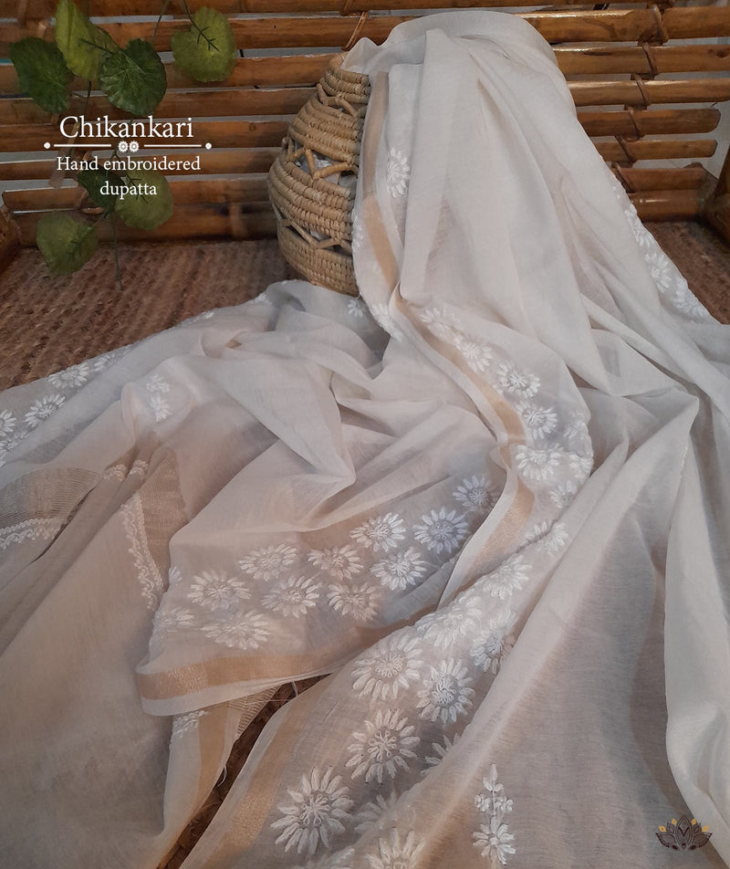 Chikankari Hand Embroidered Chanderi Dupatta