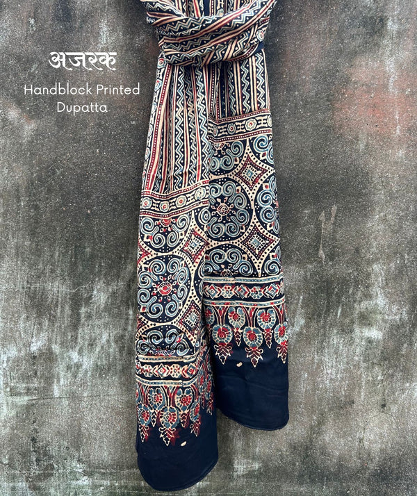 Ajrakh modal silk hand block printed stole