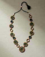 WHE Reversible 2-In-1 Blue Green Repurposed Fabric and Wood Necklace