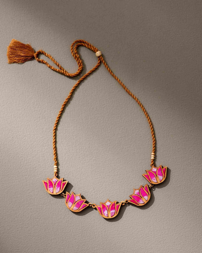 Whe Shades of Pink Bloom Lotus Upcycled Fabric and Repurposed Wood Necklace