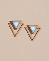 WHE Blue Two Look in One Upcycled Fabric and Repurposed Wood Triangle Earring