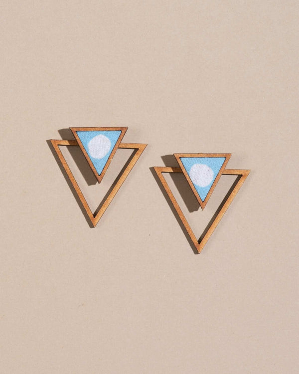 WHE Blue Two Look in One Upcycled Fabric and Repurposed Wood Triangle Earring