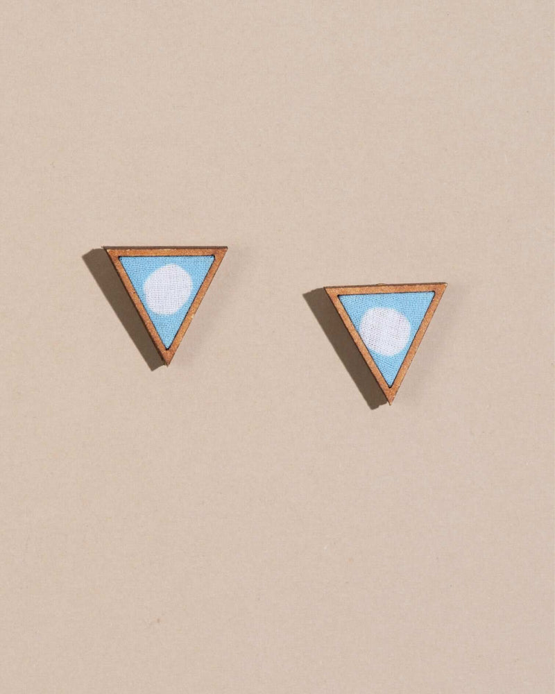 WHE Blue Two Look in One Upcycled Fabric and Repurposed Wood Triangle Earring