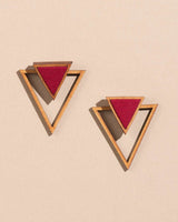 WHE Maroon Two Look in One Upcycled Fabric and Repurposed Wood Triangle Earring