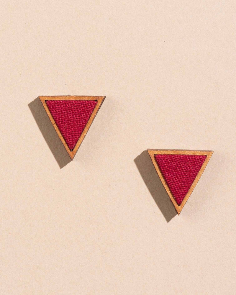 WHE Maroon Two Look in One Upcycled Fabric and Repurposed Wood Triangle Earring