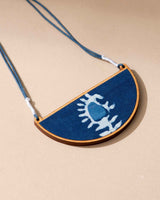 WHE Indigo Upcycled Fabric and Repurposed Wood Semi Circle Necklace