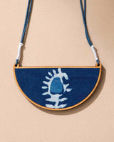 WHE Indigo Upcycled Fabric and Repurposed Wood Semi Circle Necklace