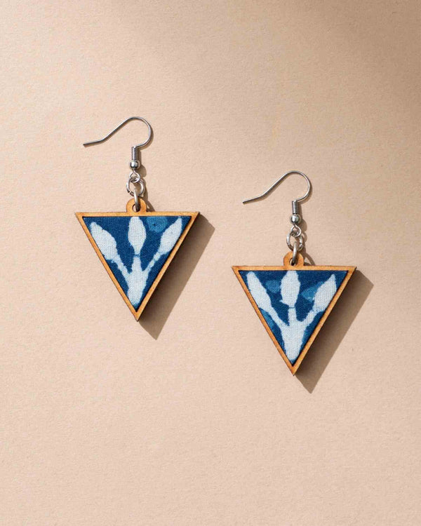 WHE Indigo Upcycled Fabric and Repurposed Wood Triangular Earrings