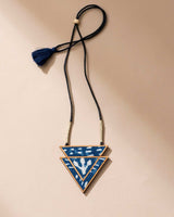 WHE Indigo Upcycled Fabric and Repurposed Wood Triangular Necklace