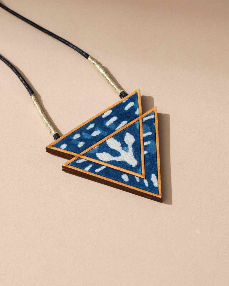 WHE Indigo Upcycled Fabric and Repurposed Wood Triangular Necklace