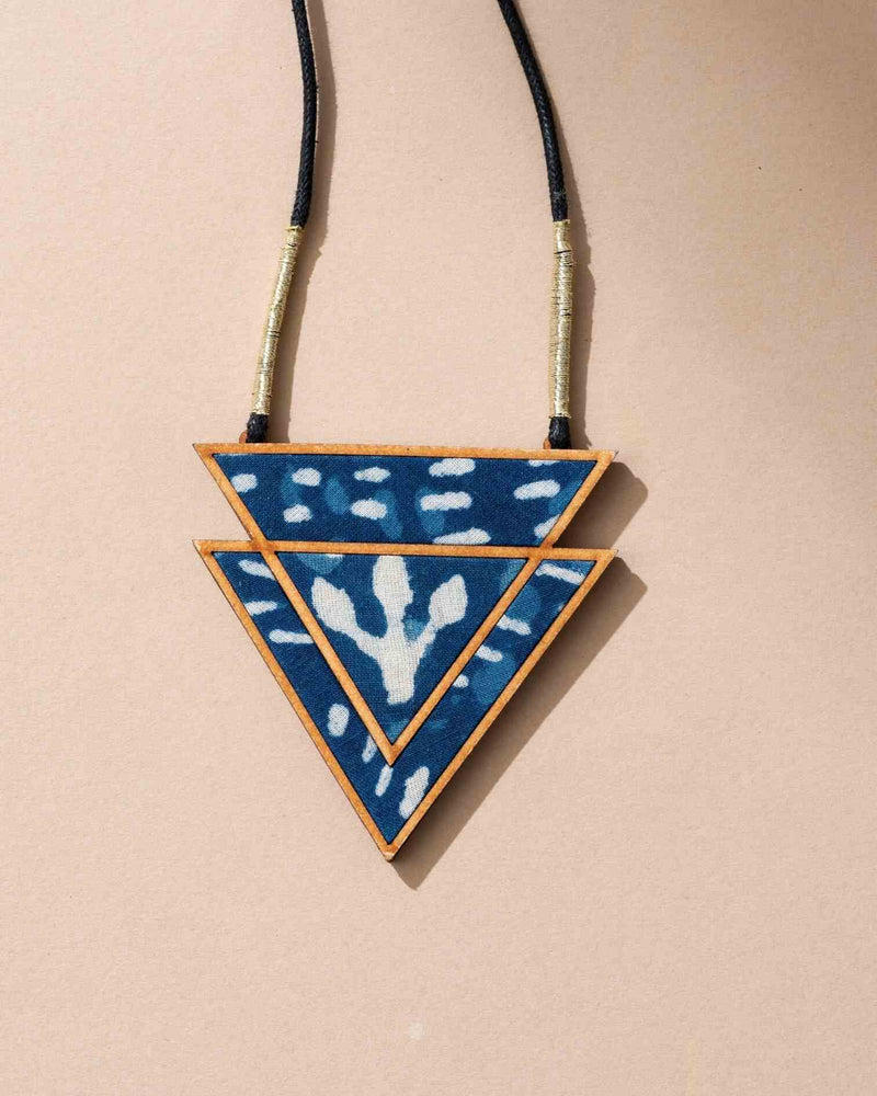 WHE Indigo Upcycled Fabric and Repurposed Wood Triangular Necklace