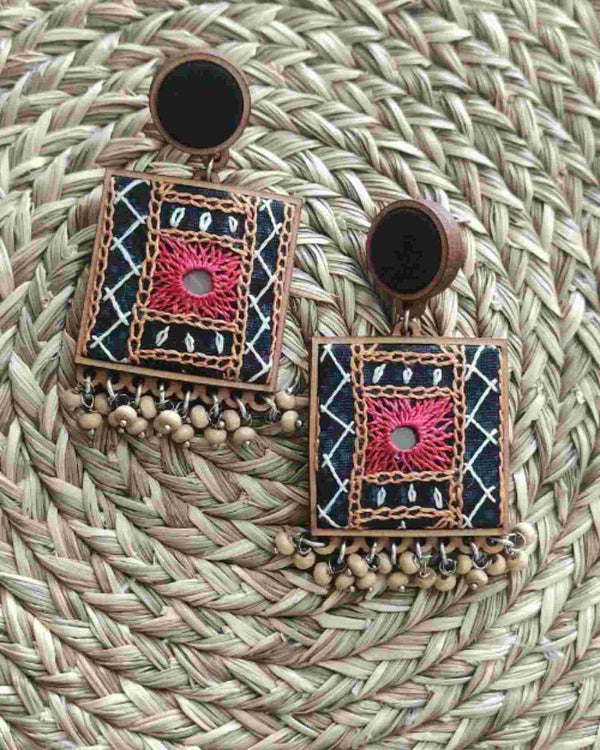 WHE Red Square Hand Embroidered Earrings