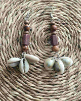 WHE handmade Dangler Earrings with Wooden Beads, Cowry Shells.