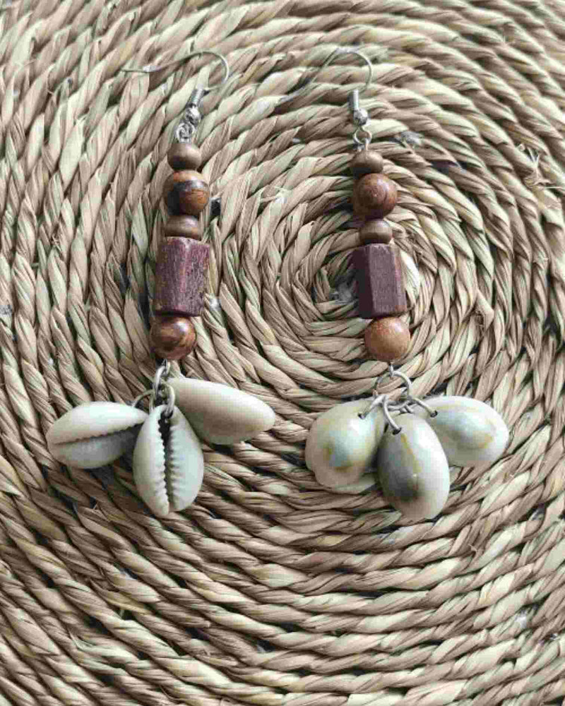 WHE handmade Dangler Earrings with Wooden Beads, Cowry Shells.