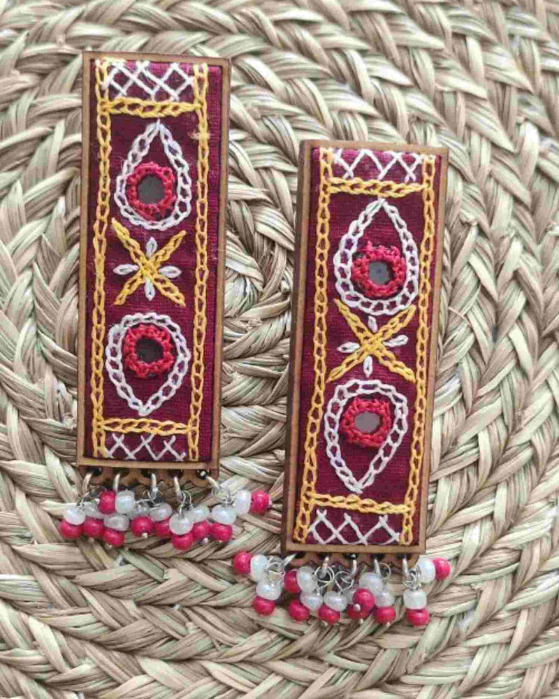 WHE Hand Embroidered Red Rectangle Earrings