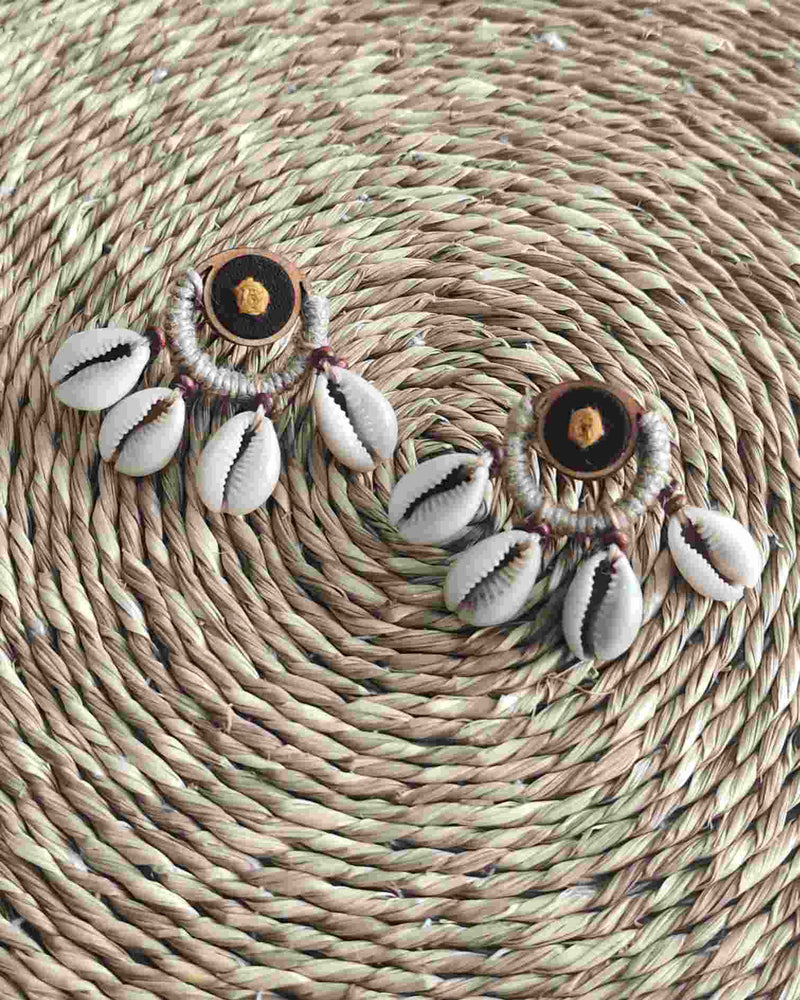 WHE Minimal Cowry Jute Earring with Mustard Hand Embroidery