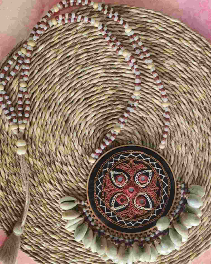 WHE Hand Embroidered Brown Pendant Necklace with Cowry and Beaded String