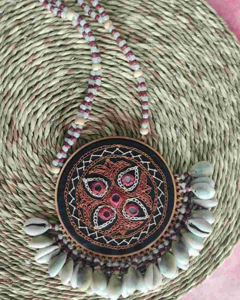 WHE Hand Embroidered Brown Pendant Necklace with Cowry and Beaded String