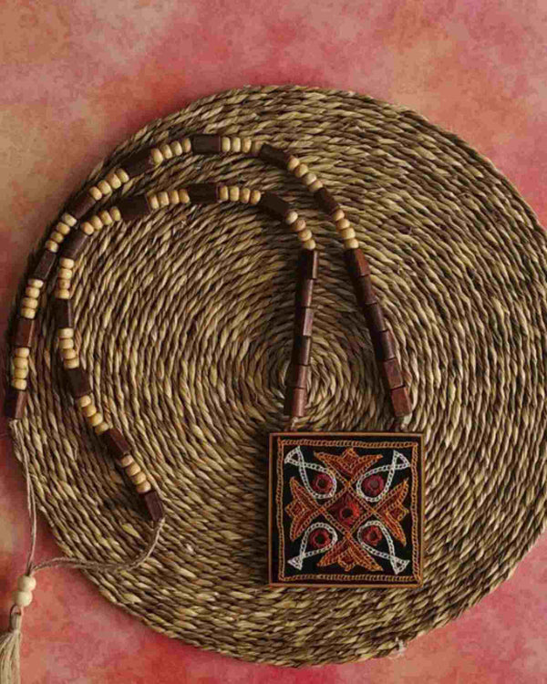 WHE Hand Embroidered Maroon and Mustard Pendant  Necklace with wooden Beaded String